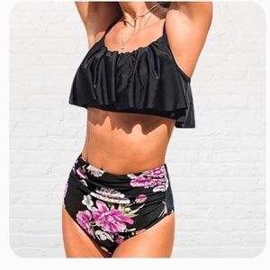 NWT CUPSHE Medium Women's High Waisted Falbala Flower Print Bikini Set